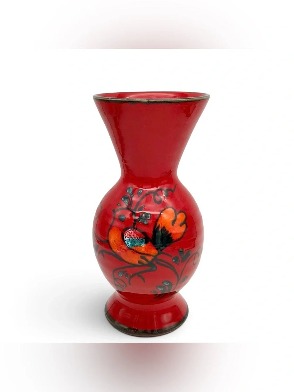 Art Pottery Italian Bellini Raymor Design Red Teal Bird Reflective Glaze MCM 60s